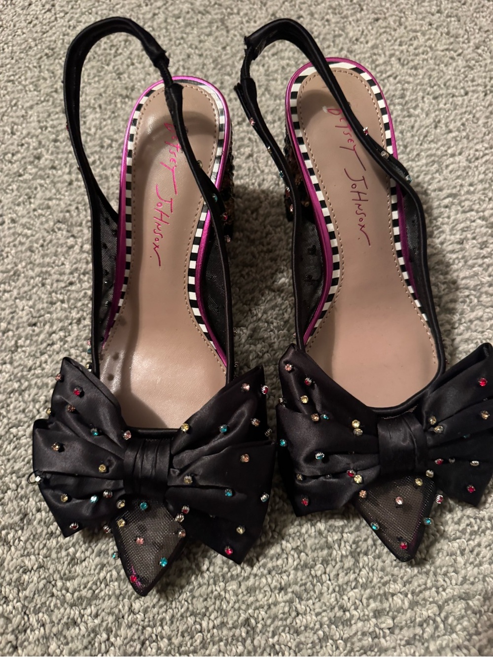 Betsey Johnson Black Satin Slingback Heels with Multicolor Rhinestones